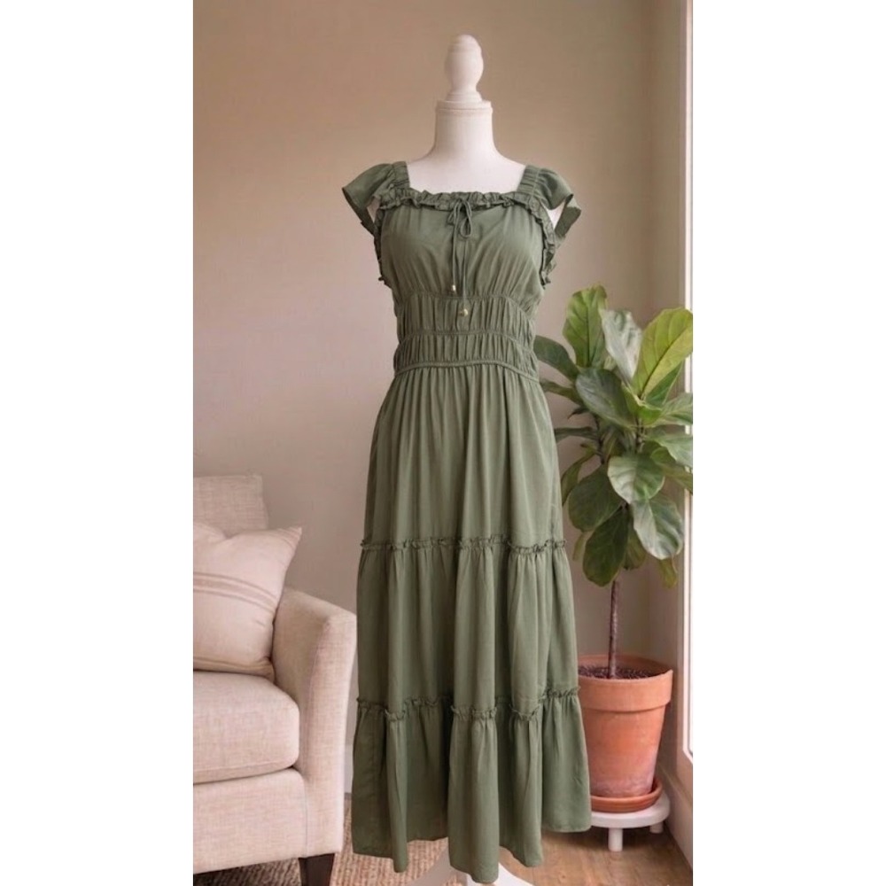 Olive Green Maxi Dress with Ruffle Shoulders
